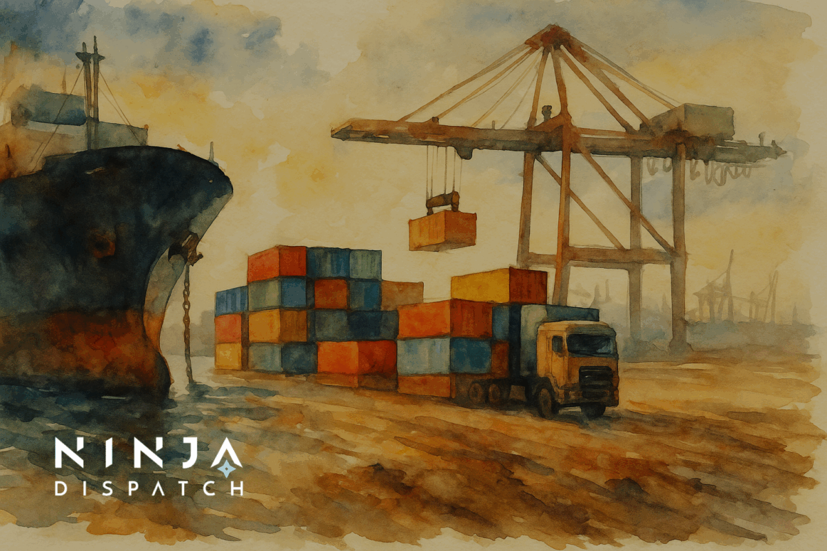 Empty port scene with stalled imports and reduced international freight flow.