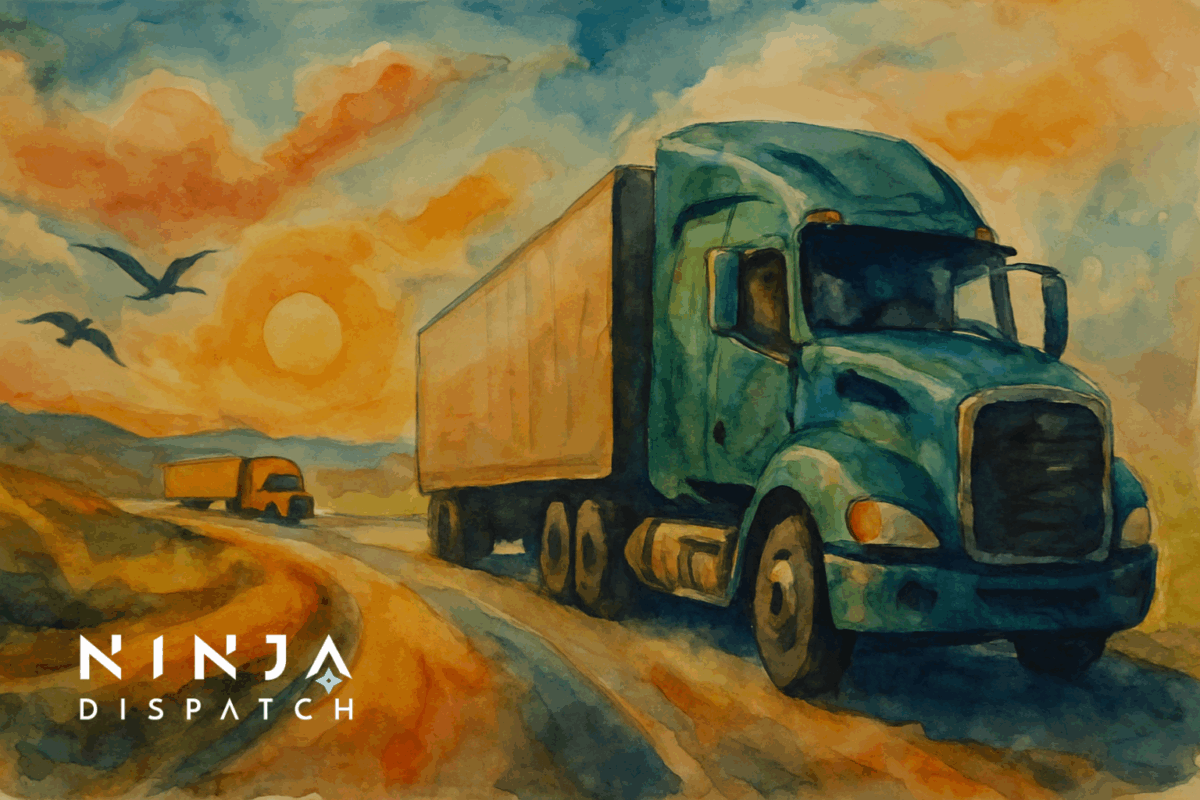Global logistics network with connected dispatch operations and a semi-truck.