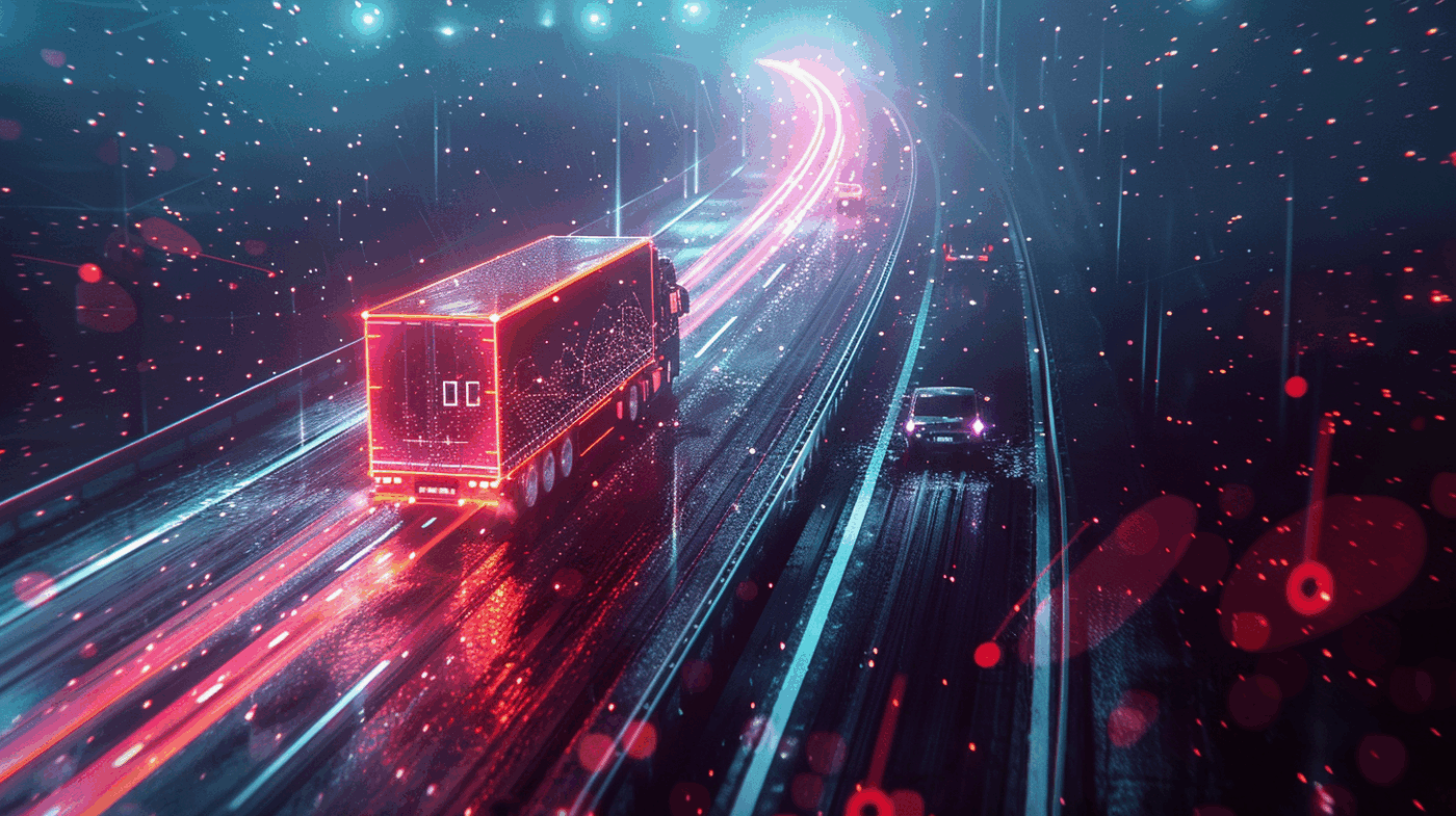 Aerial view of a truck driving on a smart highway at night with data overlays