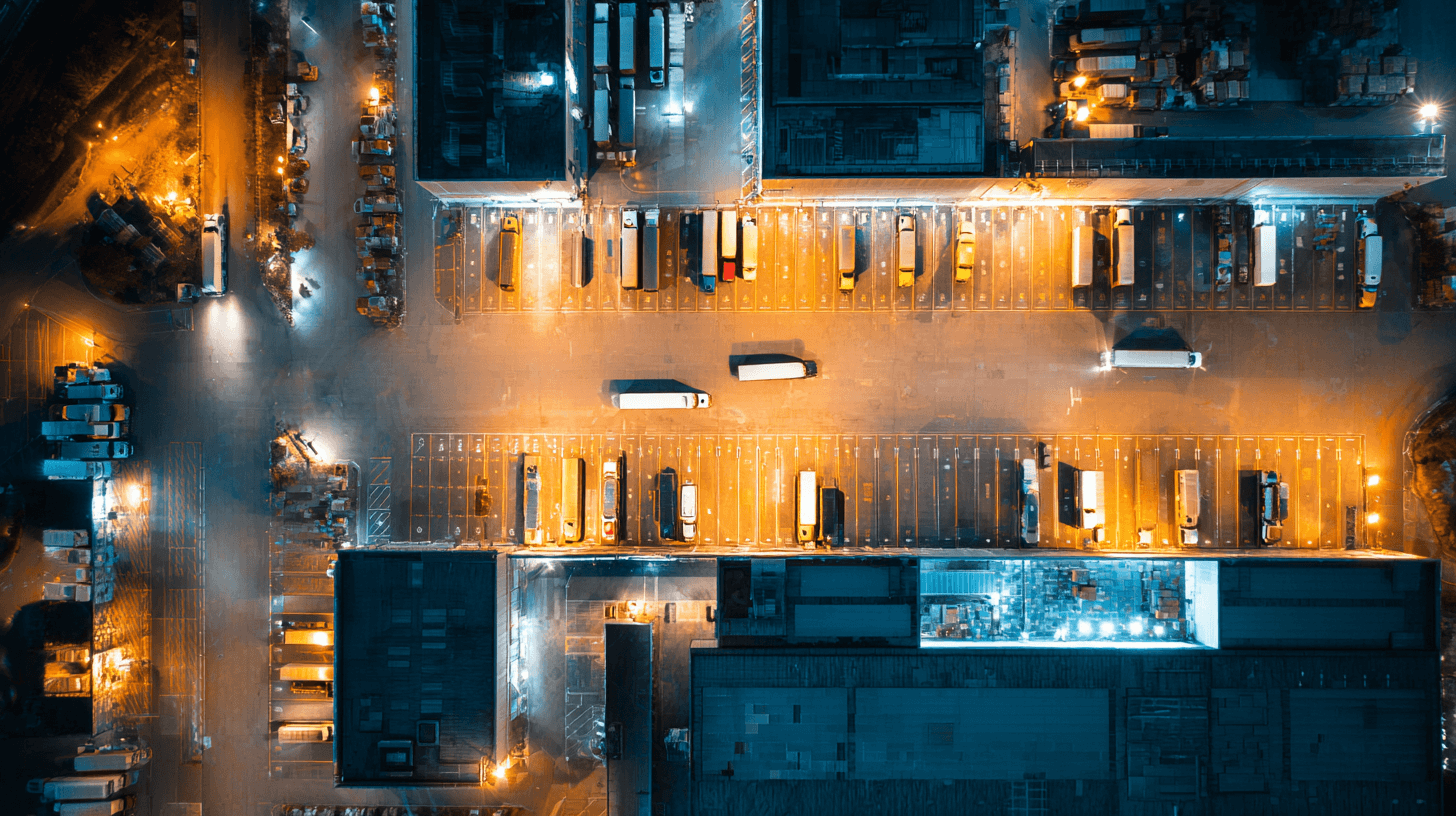 Aerial view of illuminated logistics hub at night with semi trucks in loading bays, showing 24/7 freight operations and after-hours dispatch activity