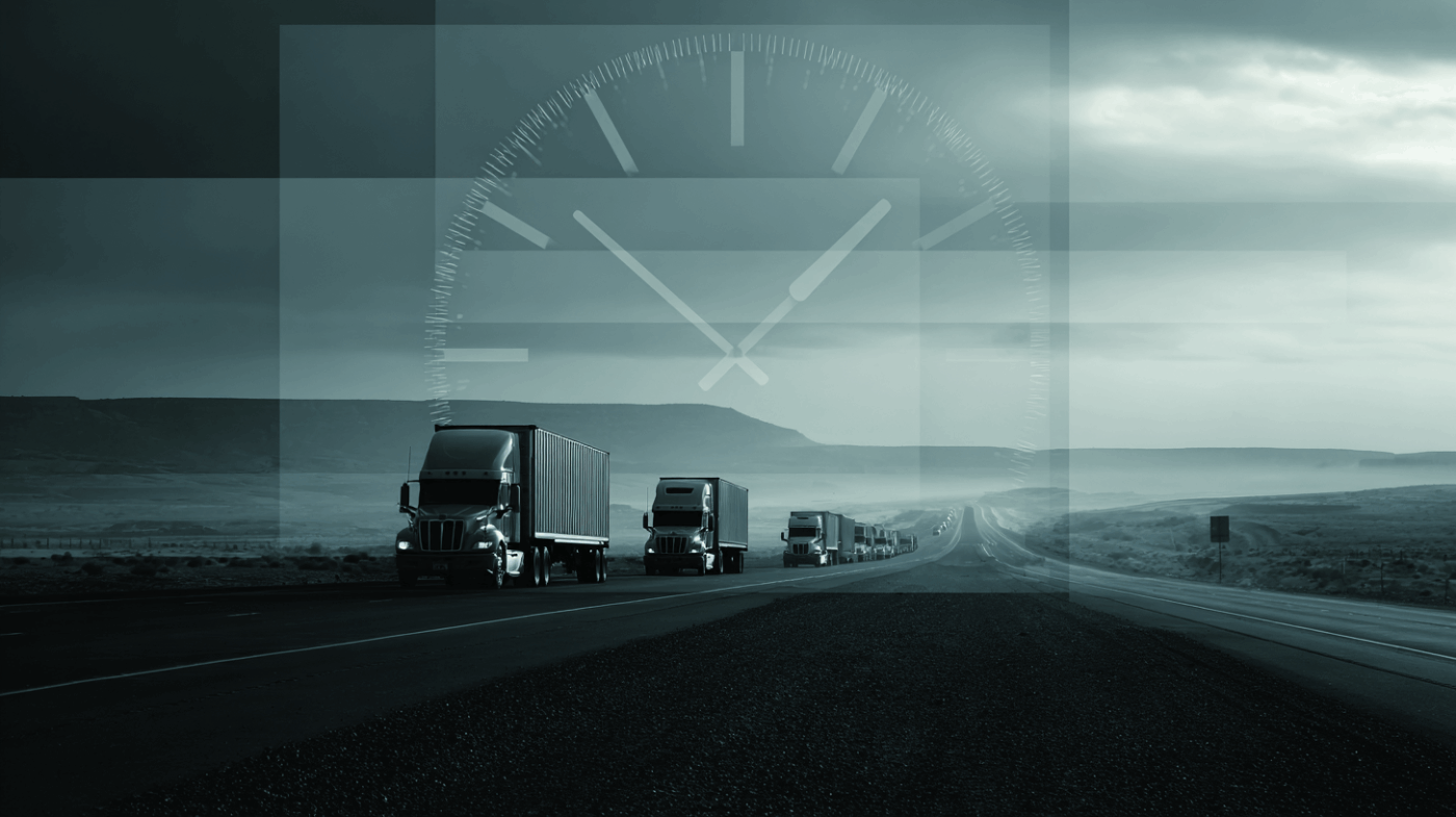 Semi trucks on highway with transparent clock overlay symbolizing round-the-clock freight dispatch and time-sensitive logistics operations