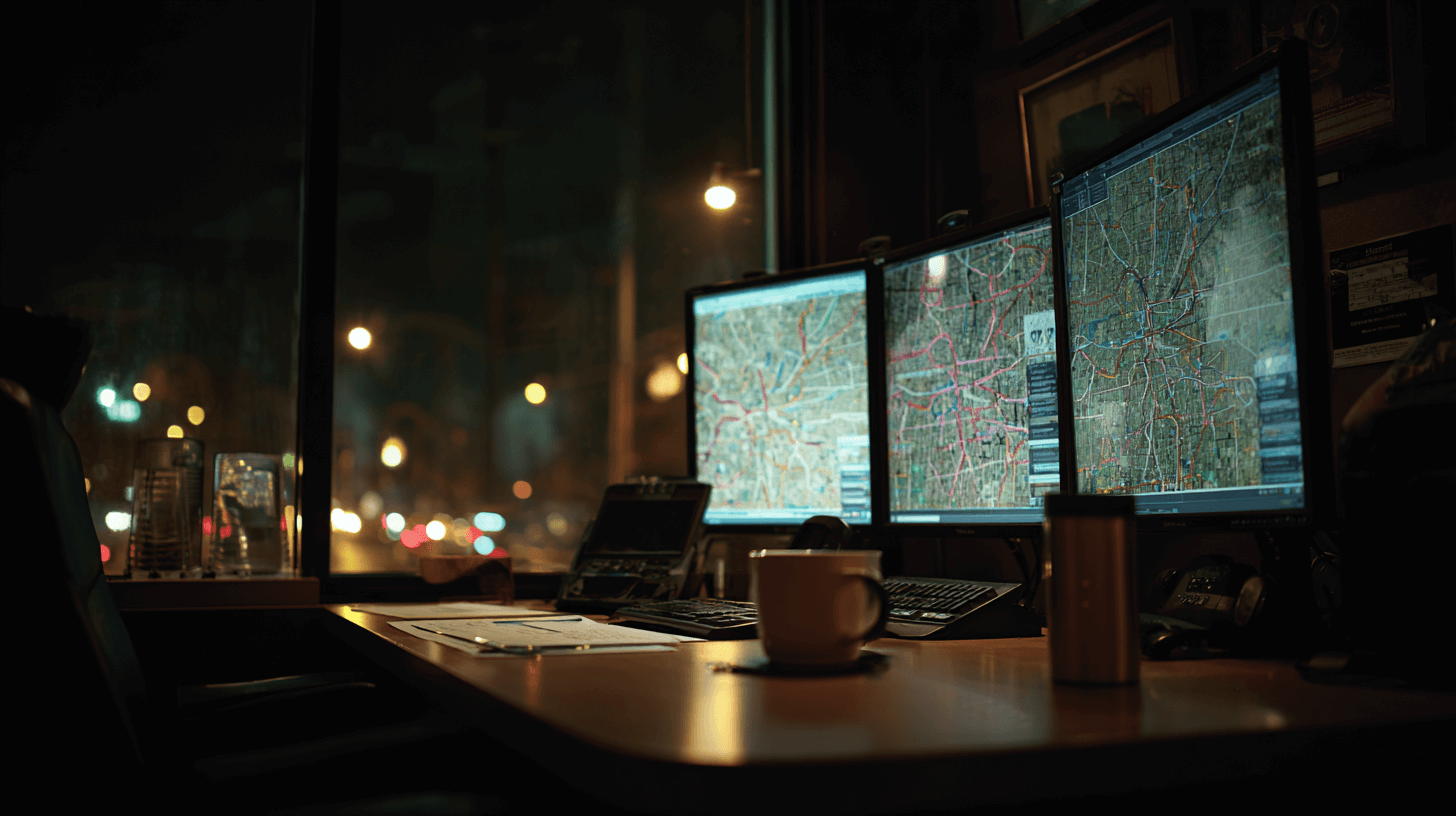 Night shift dispatch office with multiple monitors displaying freight routes and logistics maps, coffee cup on desk showing after-hours operations