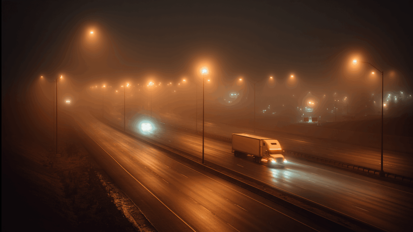 Semi truck driving through fog on illuminated highway at night demonstrating challenging after-hours freight conditions requiring dispatch support
