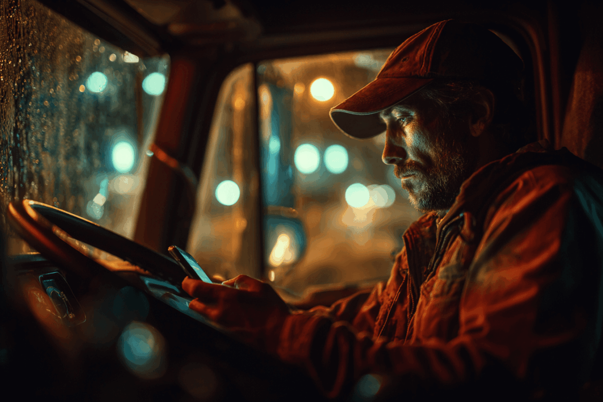 Truck driver in cab at night checking mobile device with rainy windshield showing need for after-hours dispatcher communication and support