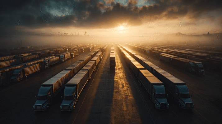 Commercial freight truck yard at dawn representing fleet dispatch operations