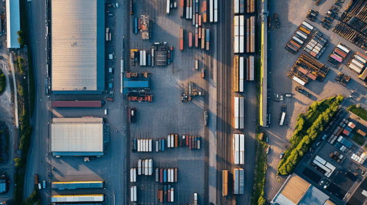 Aerial view of a busy supply chain warehouse.