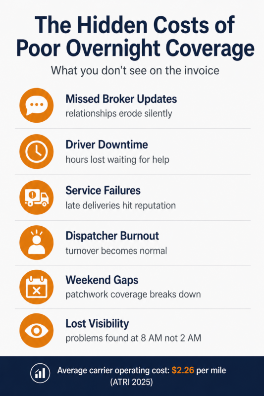 Infographic showing six hidden costs of poor overnight dispatch coverage including missed broker updates, driver downtime, and dispatcher burnout, with ATRI 2025 average operating cost of $2.26 per mile