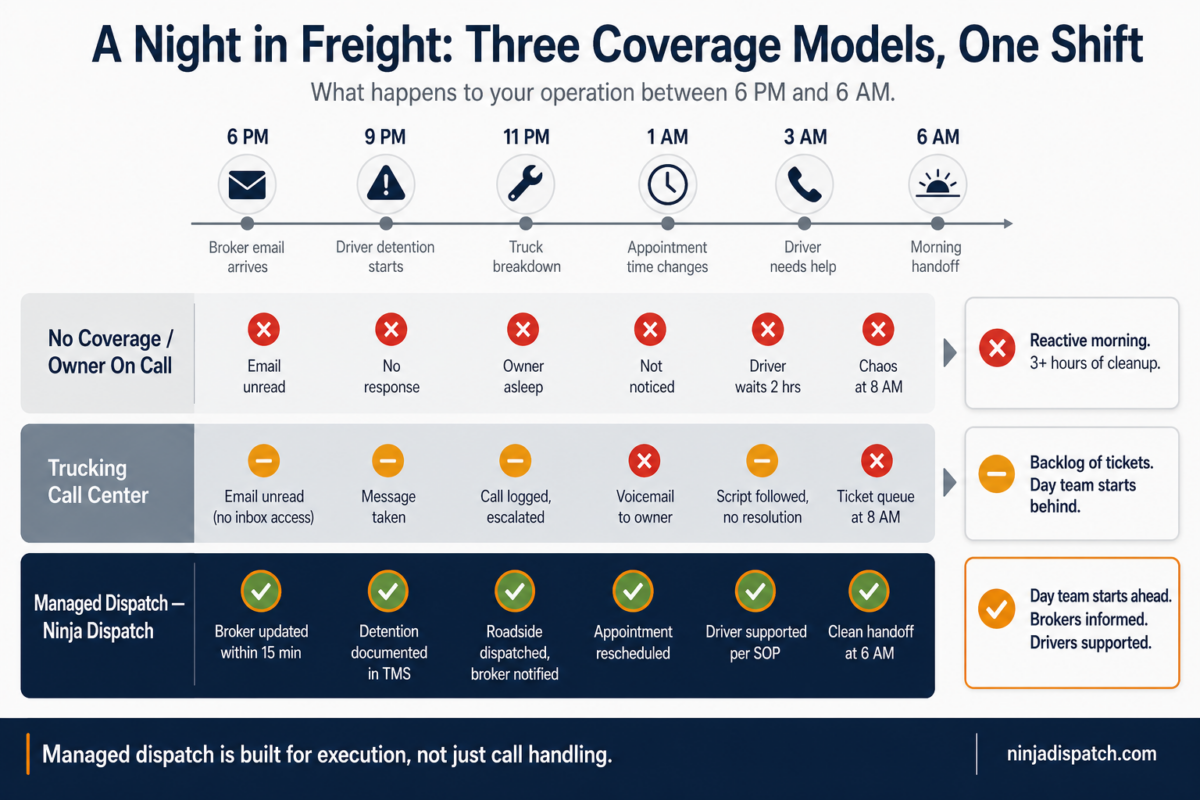 Swim lane infographic comparing how no coverage, a trucking call center, and managed night dispatch handle six overnight events between 6 PM and 6 AM