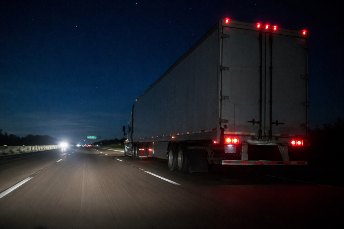 Semi-truck driving on a U.S. interstate highway at night, illustrating overnight freight operations