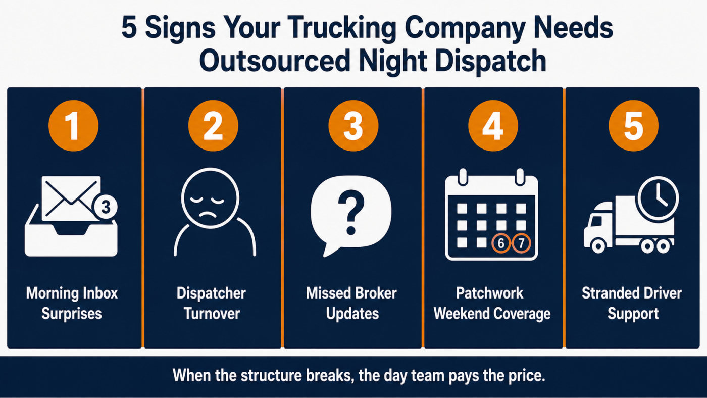 Infographic showing five signs a trucking company needs outsourced night dispatch: morning inbox surprises, dispatcher turnover, missed broker updates, patchwork weekend coverage, and stranded driver support