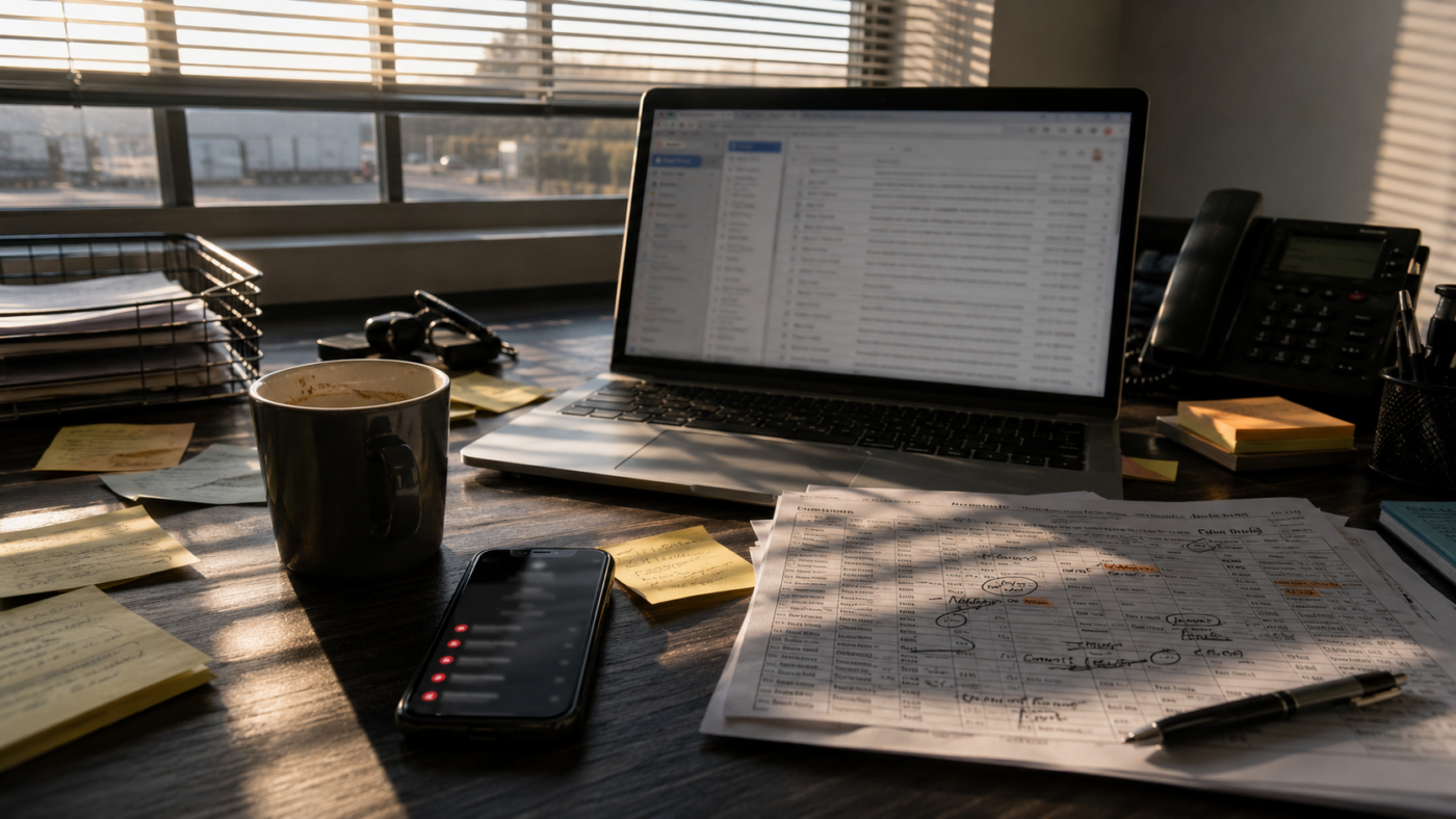 Trucking dispatch office desk in early morning showing laptop open to email inbox, missed call notifications on phone, scattered sticky notes, and annotated load board — illustrating the aftermath of overnight coverage gaps