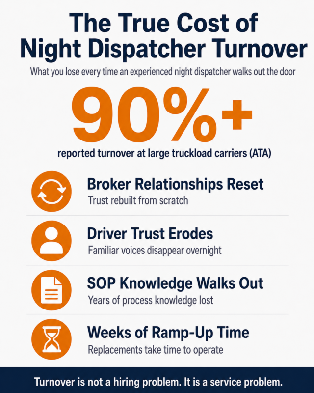 Infographic showing the operational costs of night dispatcher turnover in trucking, including broker relationship resets, eroded driver trust, lost SOP knowledge, and weeks of ramp-up time, anchored by the ATA reported 90%+ turnover rate at large truckload carriers